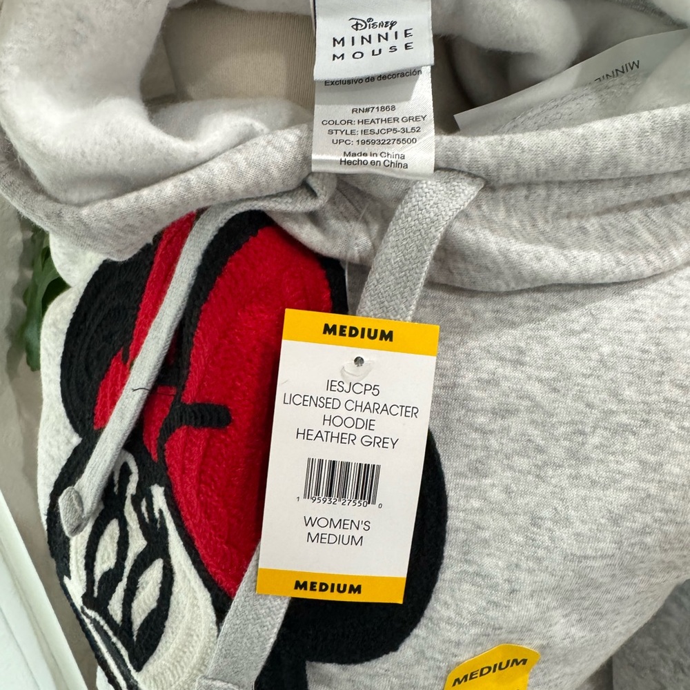 Disney Minnie Mouse Chenille Appliqué‎ Hoodie M Heather Gray, NWT - Picture 4 of 4